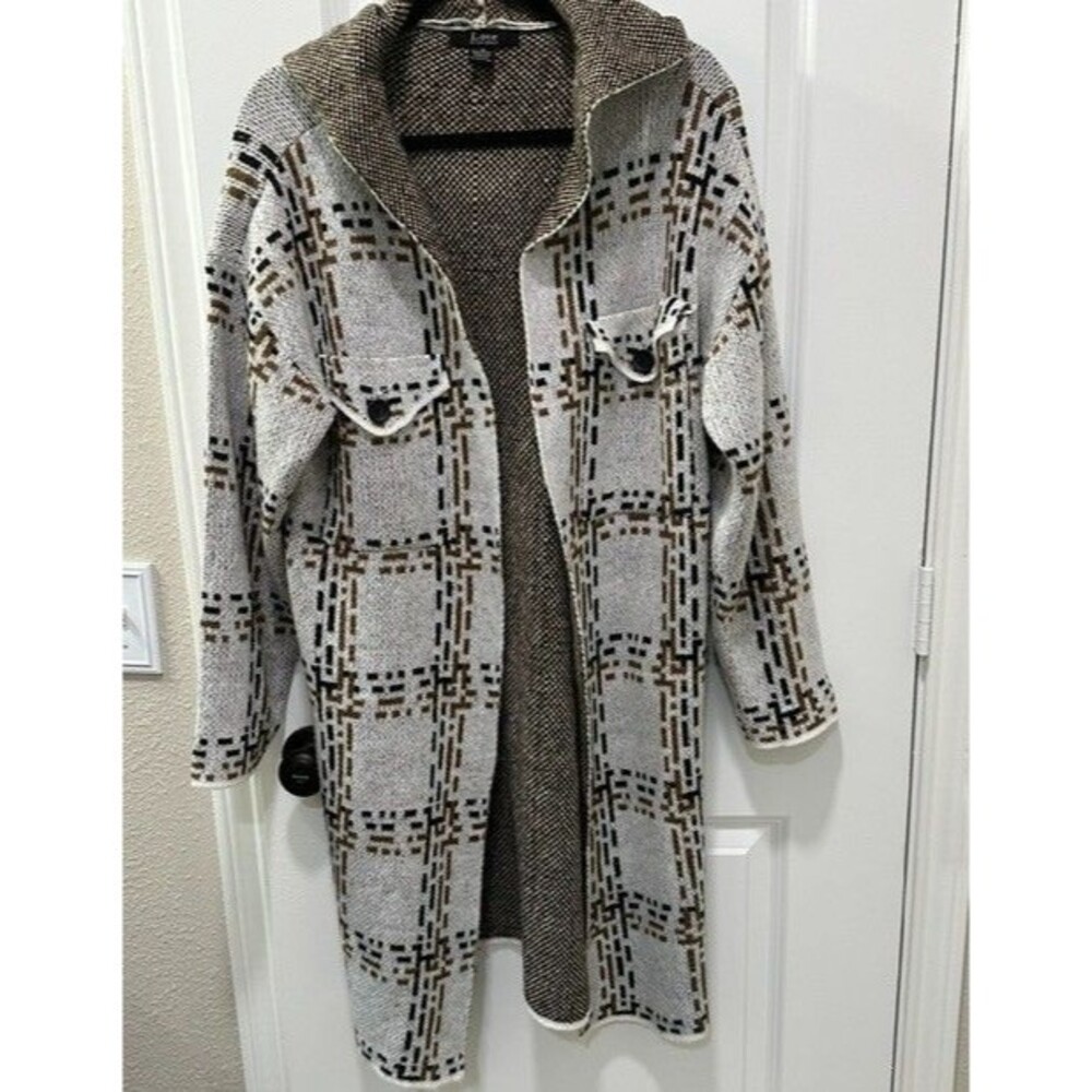 Love Ever After Hooded Long Cardigan Sweater Women's XL Plaid Oatmeal Brown